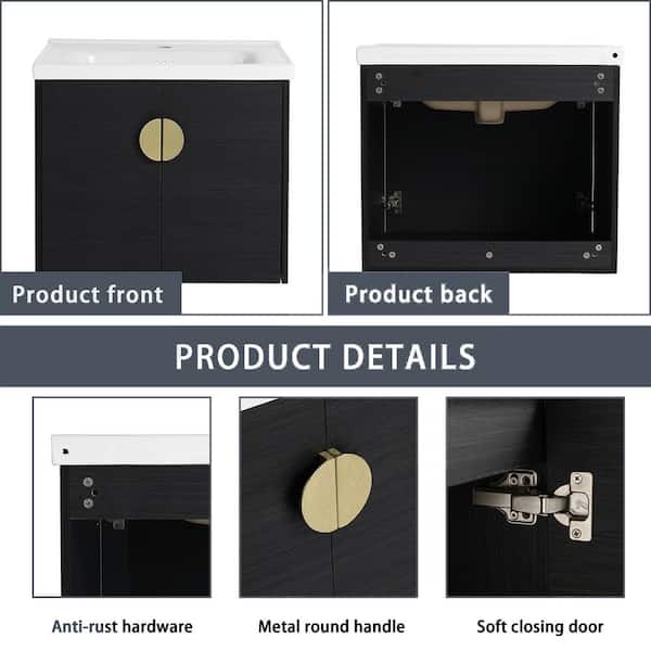 59.60 in. W Floating Wall-Mounted Bath Vanity in Black with White Ceramic Top