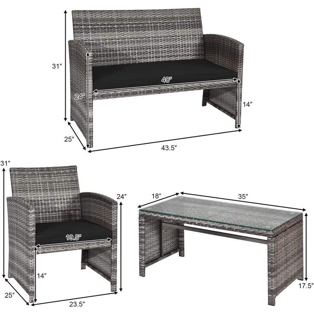 Black 4-Piece Rattan Patio Furniture Set with Glass Table