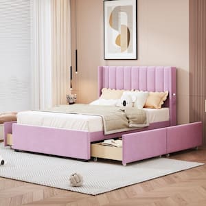 Pink Wood Frame Full Size Velvet Upholstered Platform Bed with 4 Drawers, Tufted Headboard with Storage Pocket