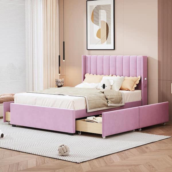 Harper & Bright Designs Pink Wood Frame Full Size Velvet Upholstered Platform Bed with 4 Drawers, Tufted Headboard with Storage Pocket
