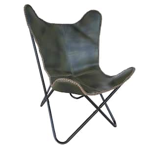 Forest Green Genuine Leather Butterfly Chair with Black Powder Coated Steel Frame