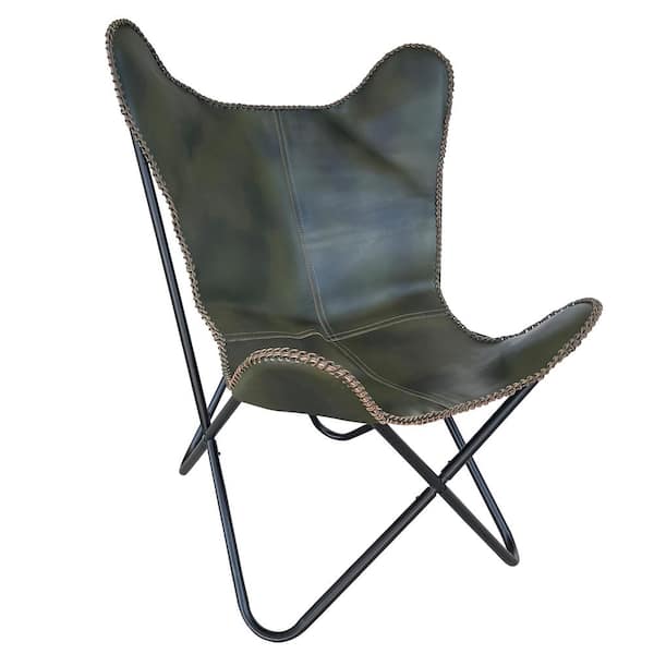 AmeriHome Forest Green Genuine Leather Butterfly Chair with Black Powder Coated Steel Frame