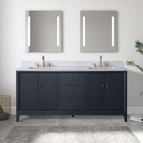 72 in. W x 34 in. H Double Sink Vintage Spruce Blue Bath Vanity Cabinet with Arabescato White Engineered Marble Top