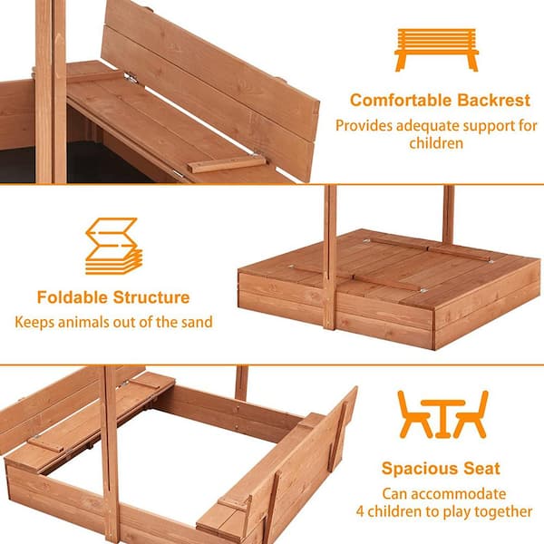HOMMOW 3.6 ft. W x 3.6 ft. L Wood Square Outdoor Sandbox for Kids