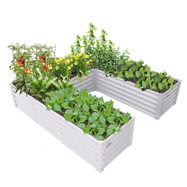 White Metal Rectangular U-Shaped Raised Garden Bed Planter Box for Planting Vegetables (74 in. L x 74 in. W x 18 in. H)