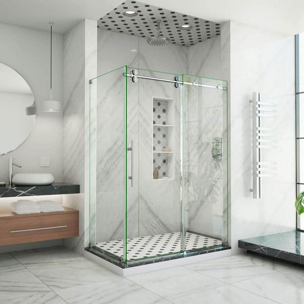 Enigma-XO 34-1/2 in. D x 54 in. W x 76 in. H Frameless Sliding Shower Enclosure in Polished Stainless Steel price history on PriceWatchPro