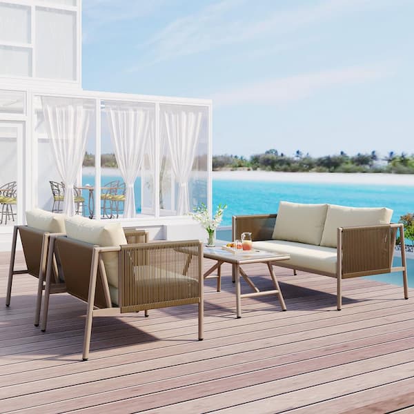 Harper & Bright Designs 4 Piece Brown Metal and Rope Wave Design Patio Conversation Set with Beige Cushions and Toughened Glass Table