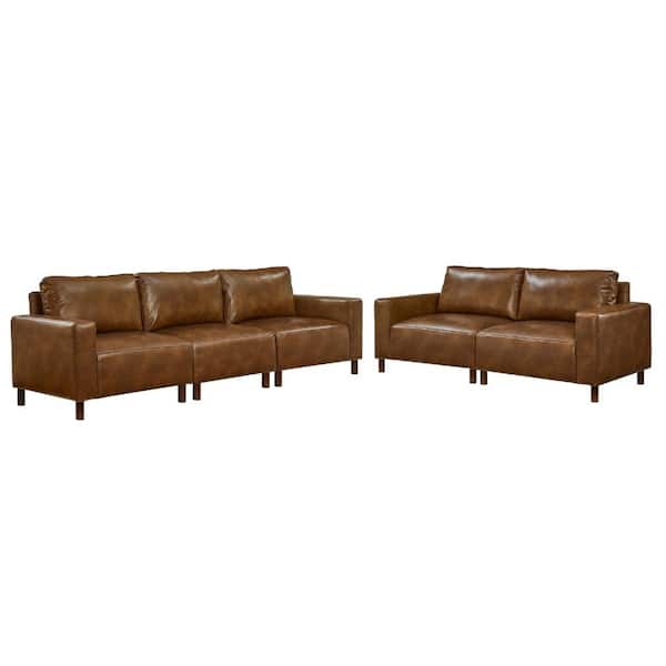 Luxury Two Pieces 31.9 in. Wide Square Arm Breathable PU Leather Mid-Century Modern Sofa & Loveseat Set in Brown