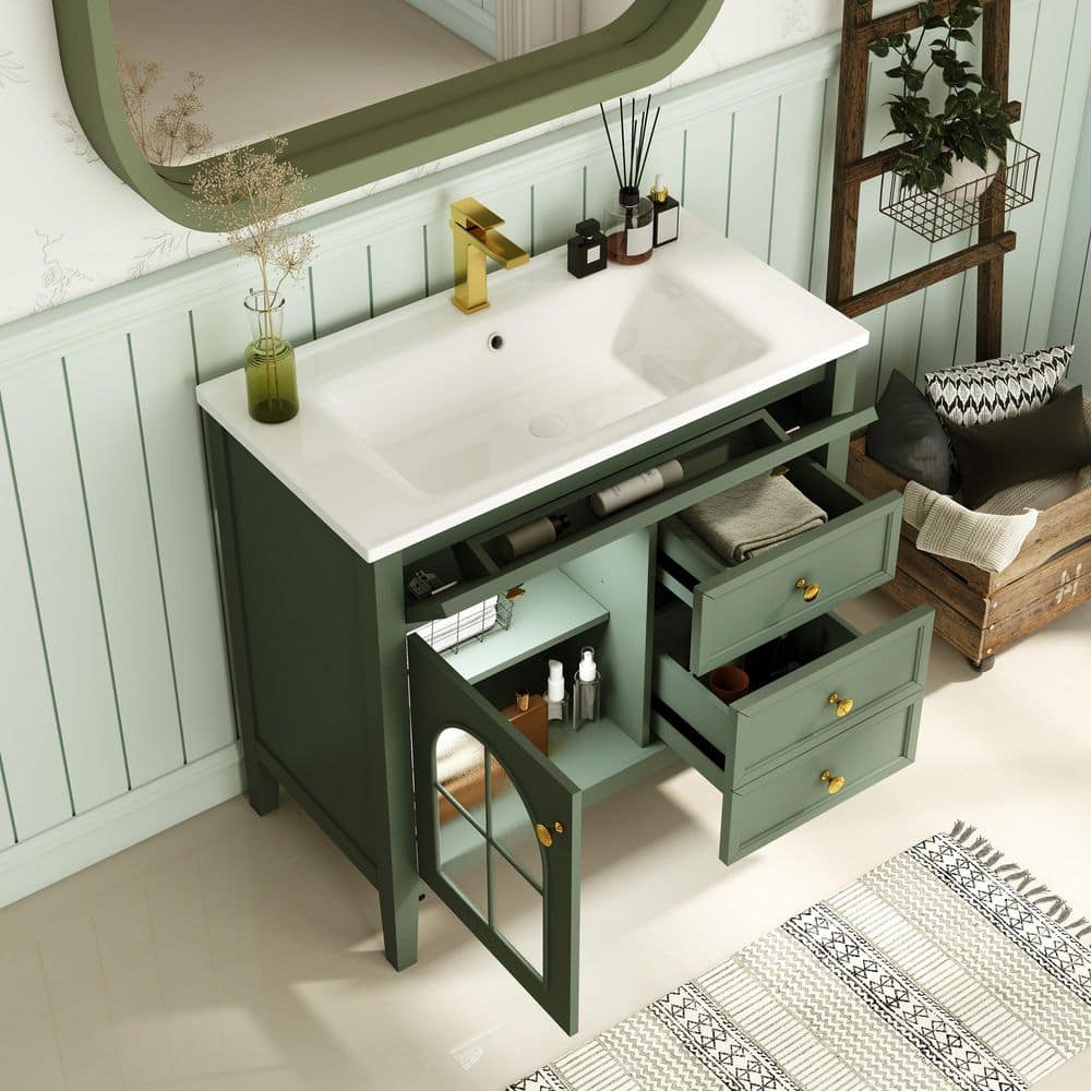 35.6 in. Freestanding Green Bath Vanity with White Ceramic Top price history on PriceWatchPro