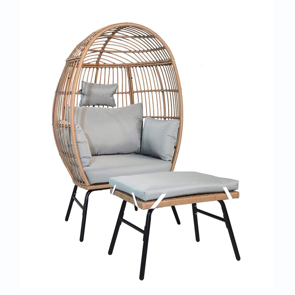 Wicker Egg Chair Outdoor Chaise Lounge with Blue Cushions And Footstool Pat