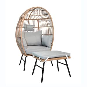 Wicker Egg Chair Outdoor Chaise Lounge with Blue Cushions And Footstool Patio Chaise