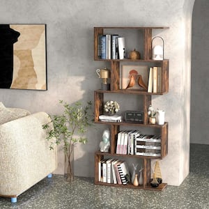 62.5 in. Tall Rustic Brown Wood 5-Tier Bookshelf Geometric S-Shaped Bookcase Room Divider Storage Display Shelf