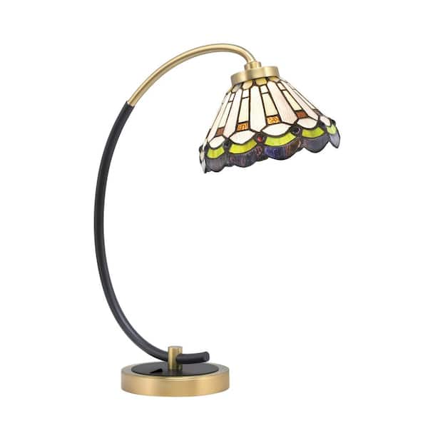 Unbranded Delgado 18.25 in. Matte Black and New Age Brass Piano Desk Lamp with Cyprus Art Glass Shade