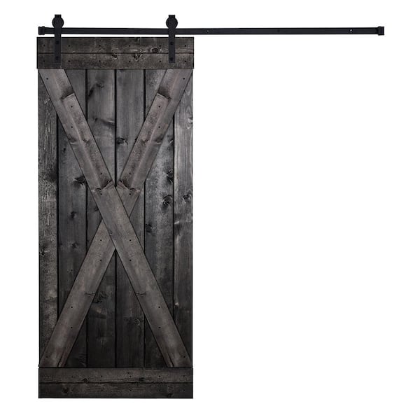AIOPOP HOME X-Bar Serie 38 in. x 84 in. Charcoal Knotty Pine Wood DIY Sliding Barn Door with Hardware Kit