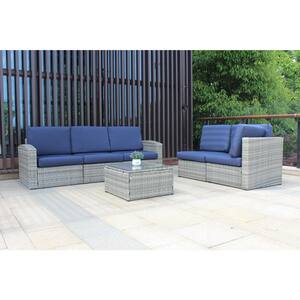 6-Pieces Wicker Patio Conversation Set Sectional Sofa Set with Navy Blue Cushions