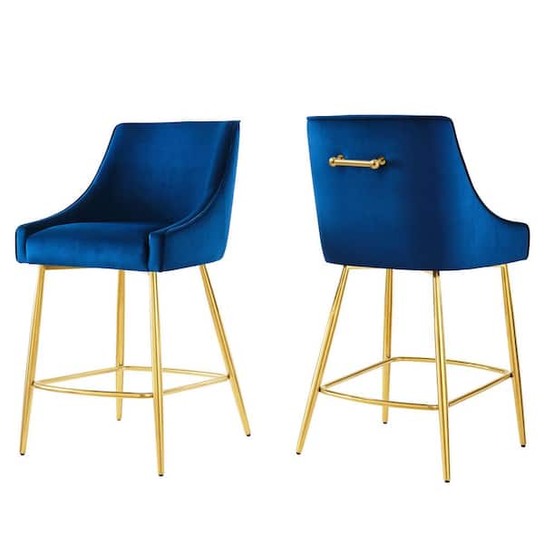 MODWAY Discern 37.5 in. Navy Upholstered Performance Velvet Counter Stool (Set of 2)