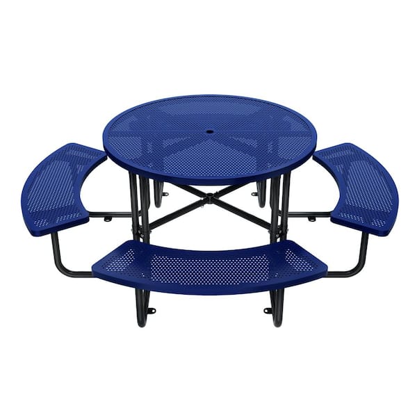 83 in. Blue Round Outdoor Steel Picnic Table, 1-Piece with 4-Built-in Benches and Umbrella Hole