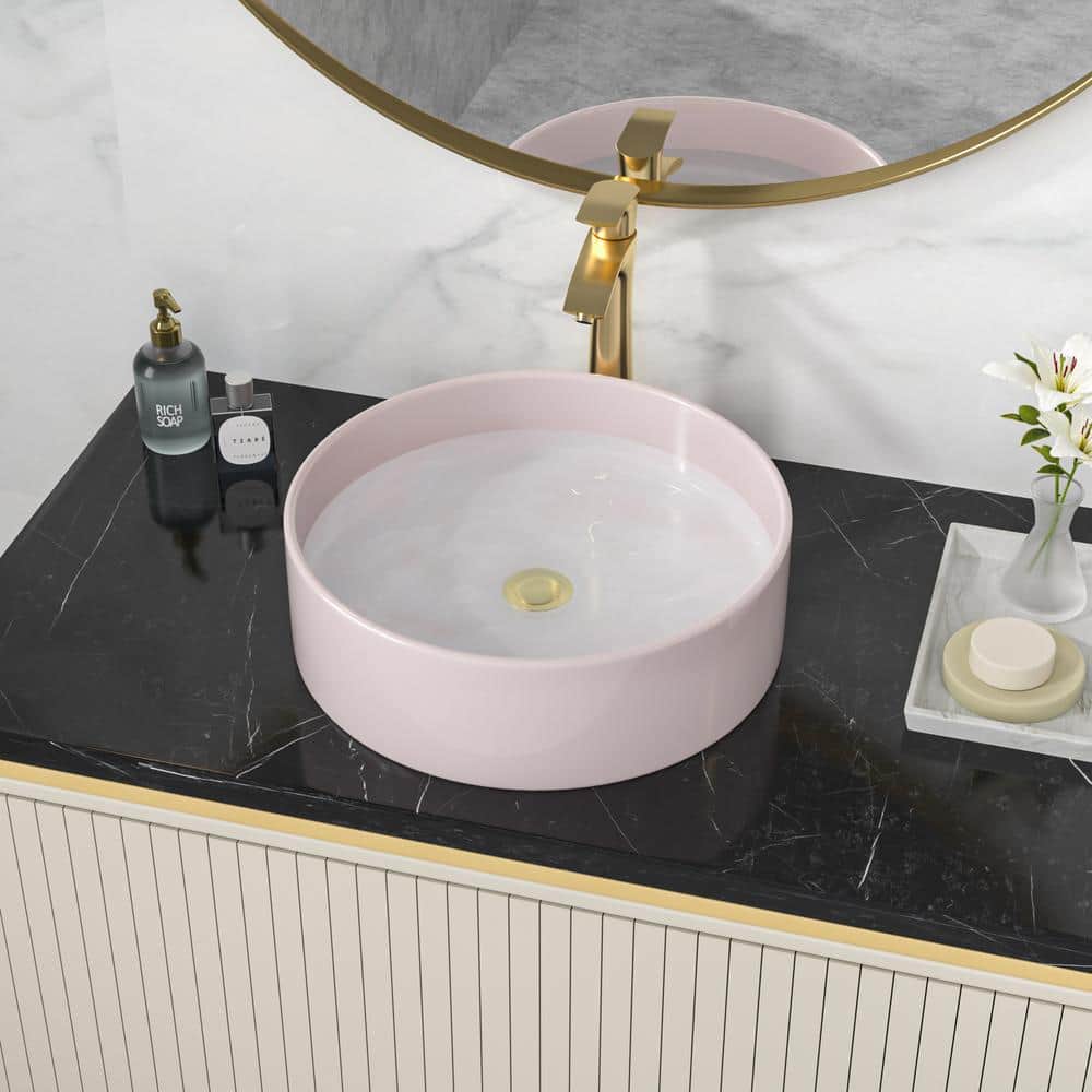 16" Pink Round Ceramic Vessel Bathroom Sink
