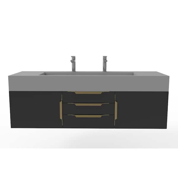 castellousa Nile 60 in. W x 19 in. D x 20 in. H Bath Vanity in Matte Black with Gold Trim and Gray Solid Surface Top