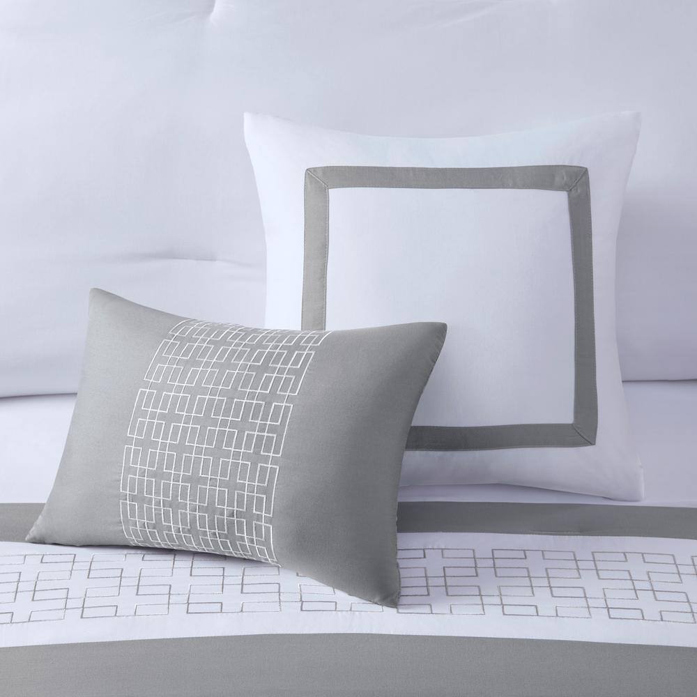 King White Microfiber Geometric Embroidered Comforter Set