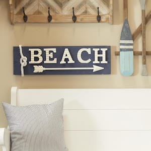 28 in. x 9 in. Wood Blue Beach Sign Wall Decor