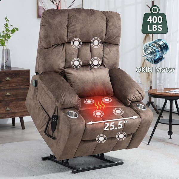 aisword Dual OKIN Motor Velvet Lift Recliner with 2 Remote Controls, Pillow and 2 Cup Holder - Brown
