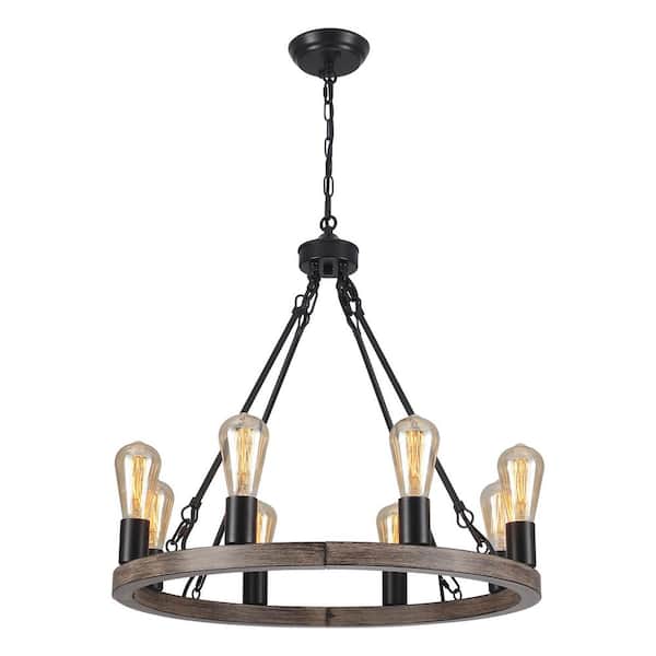 8-Light Matte Black/Wood Grain Wagon Wheel Chandelier for Bedroom Kitchen Island with No Bulbs Included