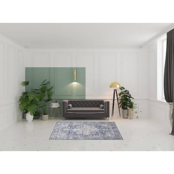 5 ft. x 7 ft. Blue Floral Washable Square Area Rug