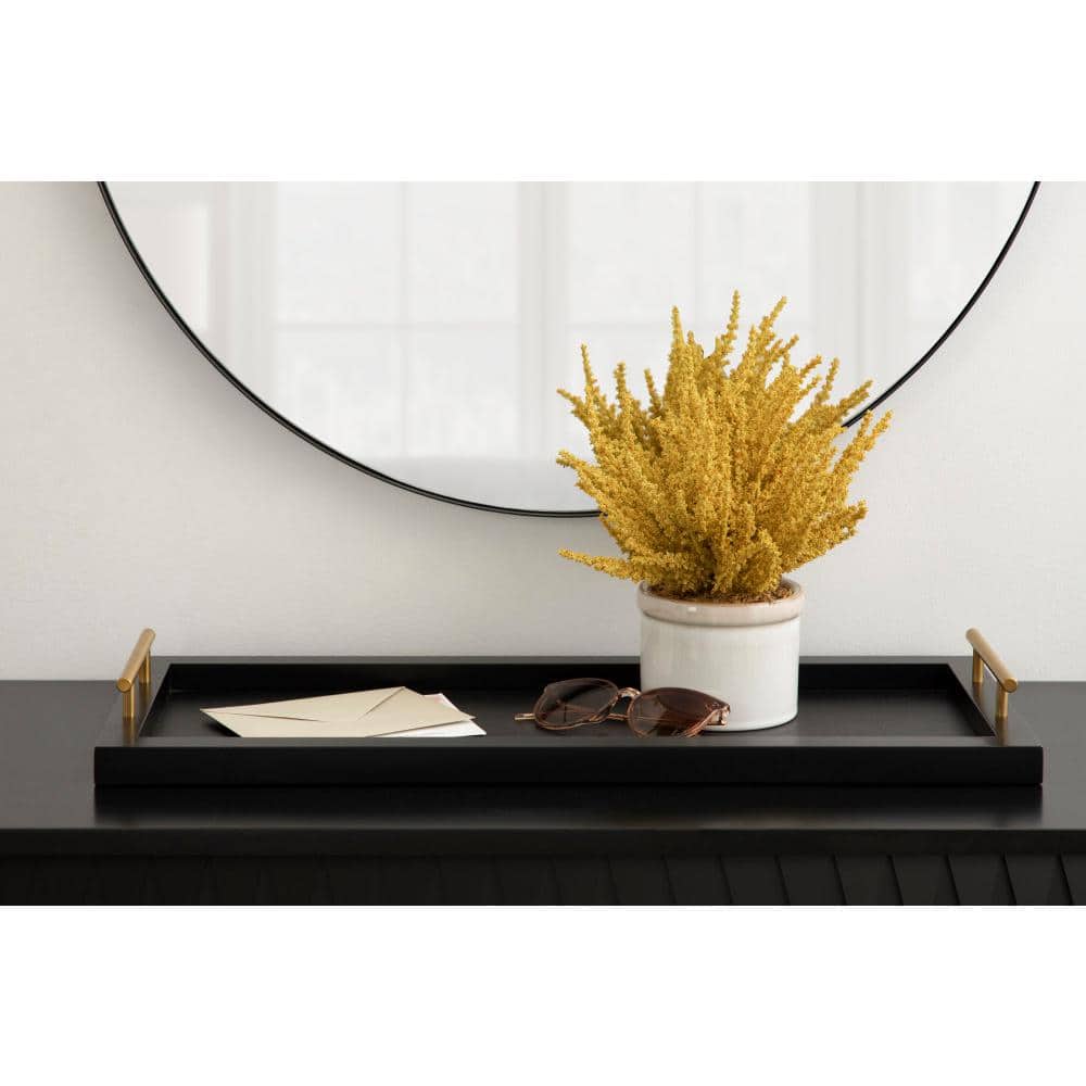 Elegant Black and Gold Rectangular Wooden Tray with Polished Handles, 24x10