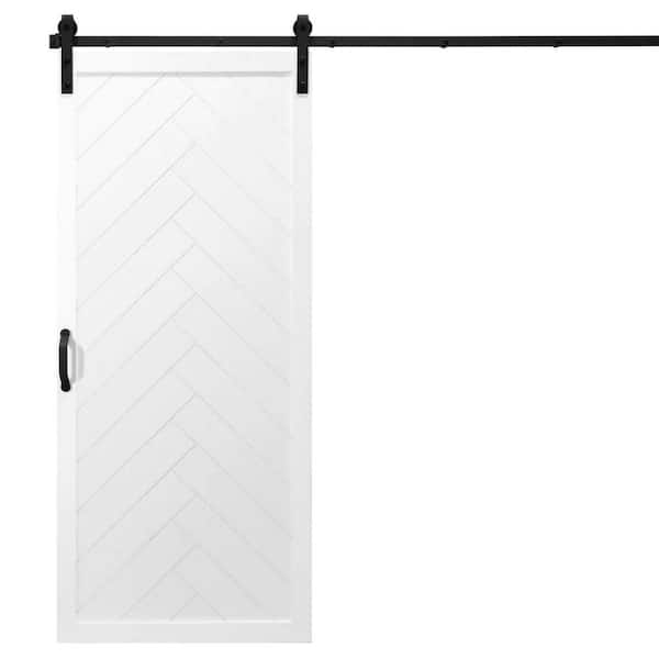 Dogberry Collections 36 in. x 84 in. Herringbone White Alder Wood Interior Sliding Barn Door Slab with Hardware Kit