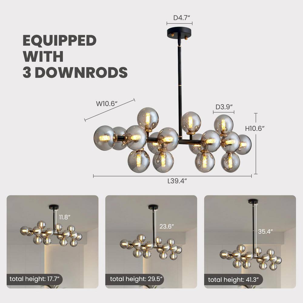 Gray Glass 16-Light Linear Sputnik Chandelier