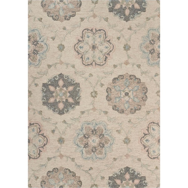 Unbranded Traditional Ivory / Light Blue 7 ft. x 9 ft. Floral Medallion Area Rug