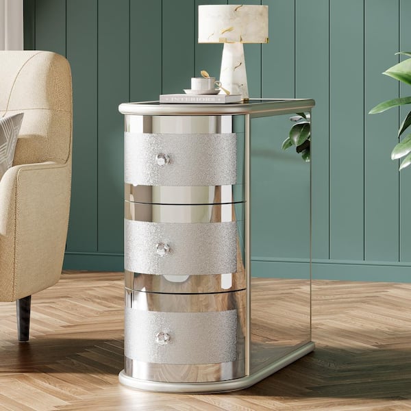 TRIBESIGNS WAY TO ORIGIN Andrea 23.62 in. Silver Rectangle Wood Narrow End Table Modern Mirrored Side Table with 3-Drawers, No Assembly Required