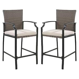 Wicker Outdoor Bar Stool with Beige Cushion (2-Pack)