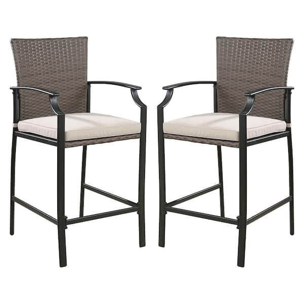 ULAX FURNITURE Wicker Outdoor Bar Stool with Beige Cushion (2-Pack)