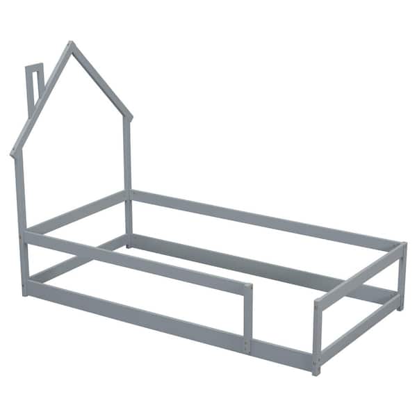 Gray Twin Size Wood Frame Floor Bed with House-Shaped Headboard and Fence Twin Montessori House Bed Frame for Kids