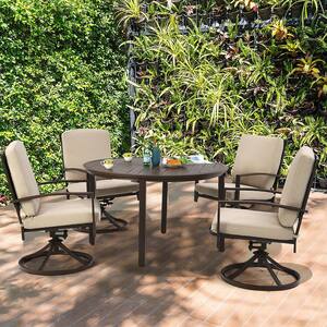 Brown 5-Piece Wicker Round 28.5 in. Outdoor Dining Set Swivel Chairs with Beige Cushions