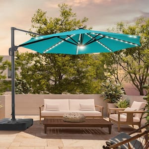 11 ft. Round Solar LED Aluminum 360-Degree Rotation Cantilever Offset Outdoor Patio Umbrella with Base in Lake Blue