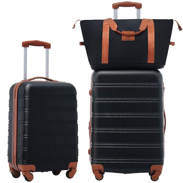 Merax 3-Piece Black and Brown Expandable ABS Hardshell Spinner 20 in. and 24 in. Luggage Set with Bag, 3-Digit TSA Lock