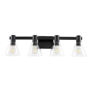 29 in. 4-Light Black Dimmable Bathroom Vanity Light Fixture with Clear Cone Glass Shade