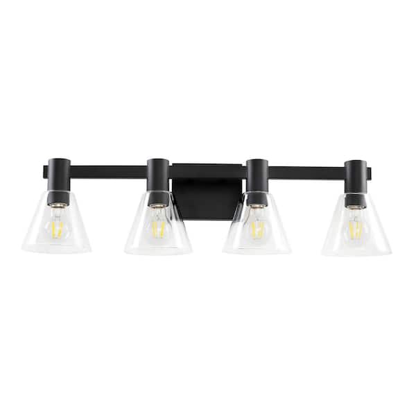 KAISITE 29 in. 4-Light Black Dimmable Bathroom Vanity Light Fixture with Clear Cone Glass Shade