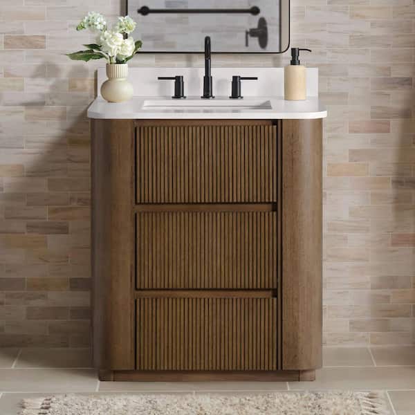 Wilsham 31 in. Single Sink American Oak Bath Vanity with White Quartz Top (Assembled)