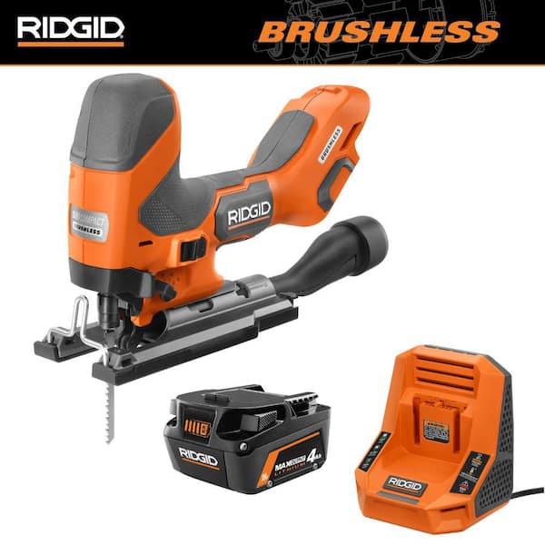 RIDGID 18V SubCompact Brushless Cordless Barrel Grip Jig Saw Kit with 18V 4.0Ah MAX Output Battery and Rapid Charger