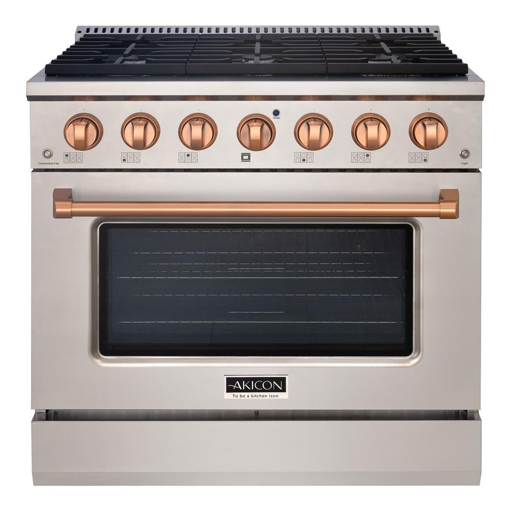 Akicon 36 in. 6-Burners Freestanding Gas Range with Oven, Convection Fan, Cast Iron Grates, In Stainless Steel with Copper