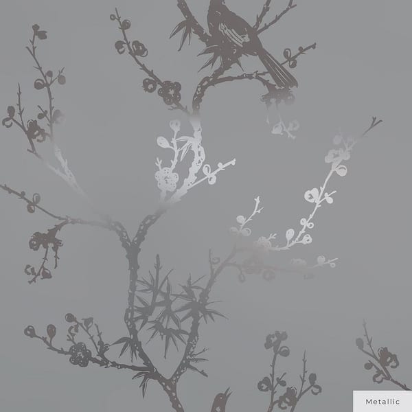 Cynthia Rowley Metallic Dove Grey Bird Watching Vinyl Peel and Stick Wallpaper Roll (Covers 60 sq. ft.)