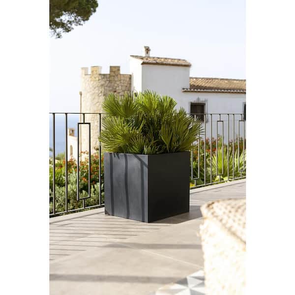 Block Small 12 in. Tall Black Fiberstone Indoor Outdoor Modern Square Planter