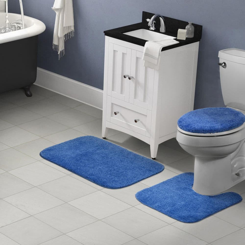 Electric Blue Traditional Plush Nylon 3-Piece Bath Rug Set