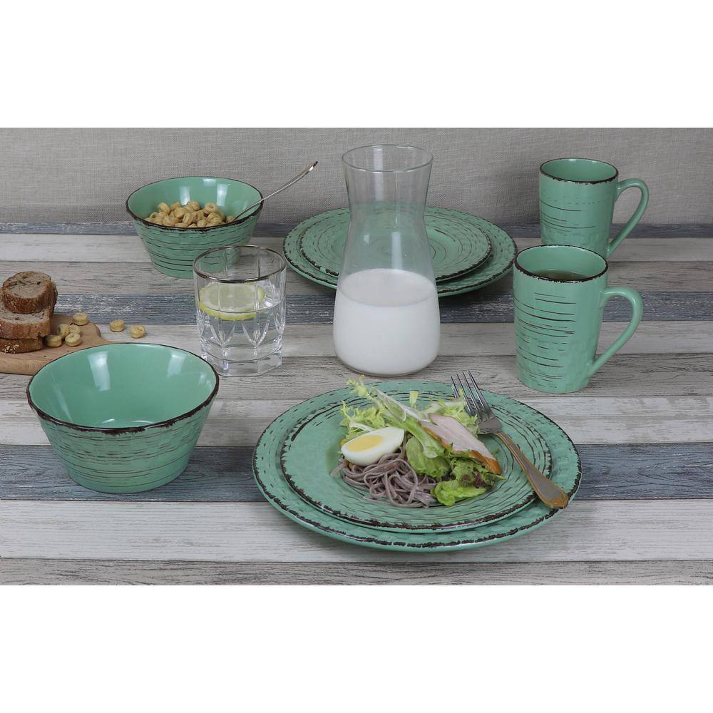 16 Piece Pistachio Green Ceramic Dinnerware Set with Distressed Weave
