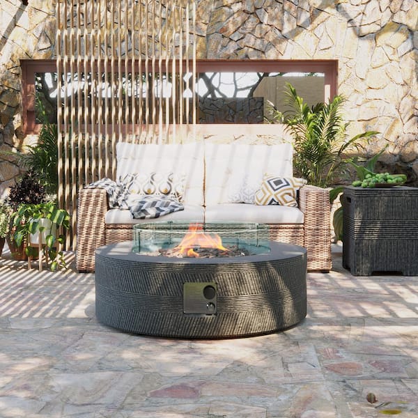 UPHA 42 in. 50000BTU Outdoor Dark Gray Round Magnesium Oxide Fire Pit Table with Glass Cover and Propane Tank Cover