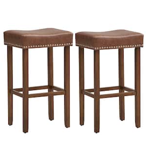 29.5 in. Brown Backless Wood Bar Stool with PU Seat Set of 2